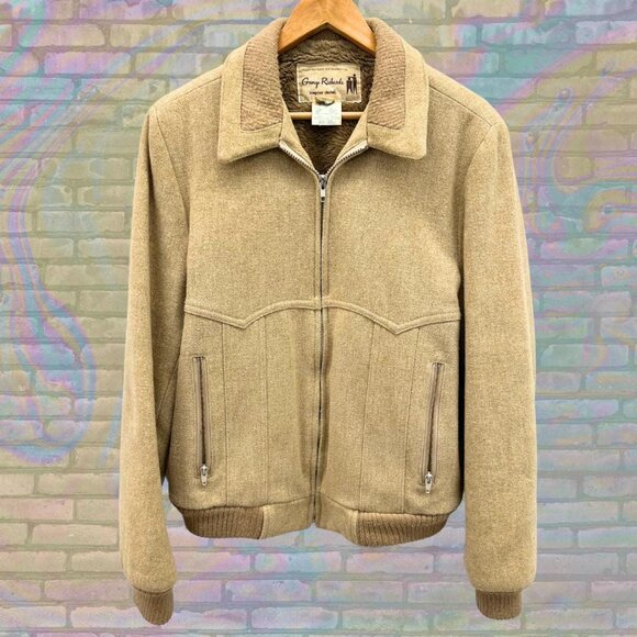 Vintage 80s George Richards Wool Jacket, Tan Zip-Up Coat Size Large - Picture 1 of 6